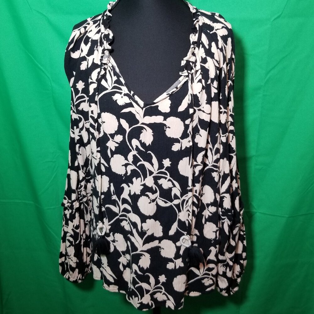 Knox Rose Floral Long Sleeve Large Blouse Black Tan Tassel Tie Boho Cottagecore